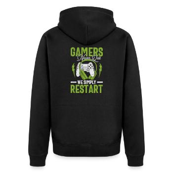 Gamer Geist: Never Quit Restart Geschenk - Unisex Premium Bio Zip Hoodie - Schwarz - Hinten - Nico (187cm)