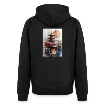 Zen-Sonne-Aquarellpagode - Unisex Premium Bio Zip Hoodie - Schwarz - Hinten - Nico (187cm)