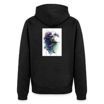 Aquarell-Koi und Kirschpagode - Unisex Premium Bio Zip Hoodie - Schwarz - Hinten - Nico (187cm)