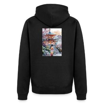 Kimono-Pagode und Kirschbäume - Unisex Premium Bio Zip Hoodie - Schwarz - Hinten - Nico (187cm)