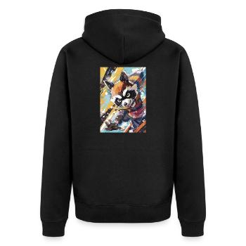 Waschbär-Abenteurer Neon in Aktion - Unisex Premium Bio Zip Hoodie - Schwarz - Hinten - Nico (187cm)