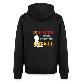 Ja ich brauche meinen wunderbaren Dackel - Unisex Premium Bio Zip Hoodie - Schwarz - Hinten - Nico (187cm)