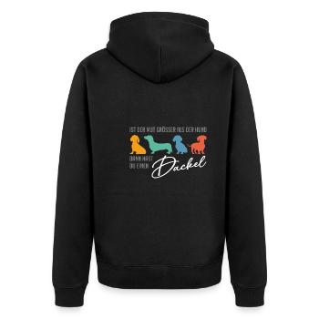 Dackel ist mutig, der Dackel hat ein großes Herz - Unisex Premium Bio Zip Hoodie - Schwarz - Hinten - Nico (187cm)