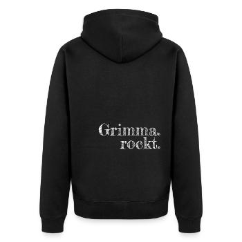 Grimma rockt - Textdesign mit Stadtnamen - Unisex Premium Bio Zip Hoodie - Schwarz - Hinten - Nico (187cm)