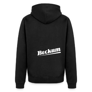 Beckum - Textdesign mit Stadtnamen - Unisex Premium Bio Zip Hoodie - Schwarz - Hinten - Nico (187cm)