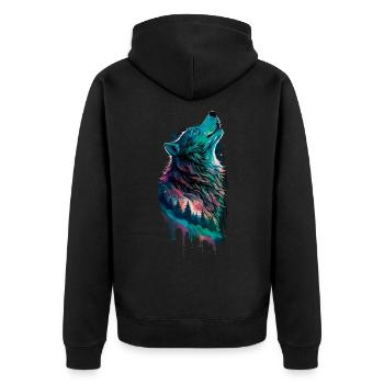 Aurora borealis in Form eines Wolfes im Wald - Unisex Premium Bio Zip Hoodie - Schwarz - Hinten - Nico (187cm)