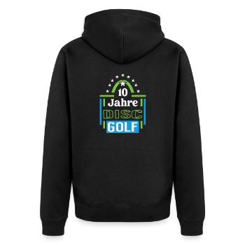 Discgolf Jubiläum 10 Jahre Trainer Spieler Jubi - Unisex Premium Bio Zip Hoodie - Schwarz - Hinten - Nico (187cm)