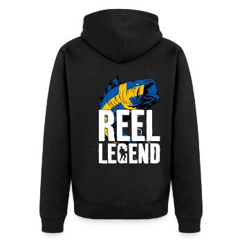 REEL LEGEND ANGLER ANGELN SCHWEDEN - Unisex Premium Bio Zip Hoodie - Schwarz - Hinten - Nico (187cm)