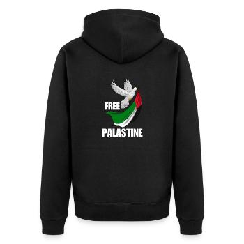 Free Palestine Design – Statement für Frieden - Unisex Premium Bio Zip Hoodie - Schwarz - Hinten - Nico (187cm)
