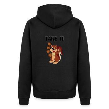 TAKE IT Schriftzug mit Eichhörnchen - Unisex Premium Bio Zip Hoodie - Schwarz - Hinten - Nico (187cm)