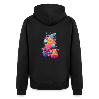 Hypnotisches Universum: Farben und Formen im Erwachen - Unisex Premium Bio Zip Hoodie - Schwarz - Hinten - Nico (187cm)