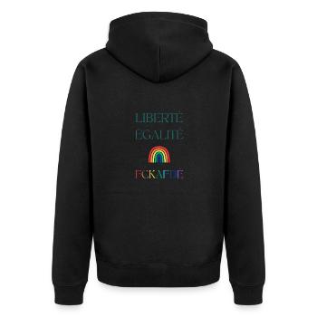 LIBERTÉ EGALITÉ FCKAFDÉ - Regenbogen Design FCKAFD - Unisex Premium Bio Zip Hoodie - Schwarz - Hinten - Nico (187cm)