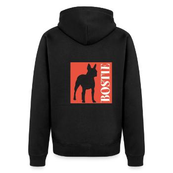 Boston Terrier Bostie Grafik mit Schriftzug - Unisex Premium Bio Zip Hoodie - Schwarz - Hinten - Nico (187cm)