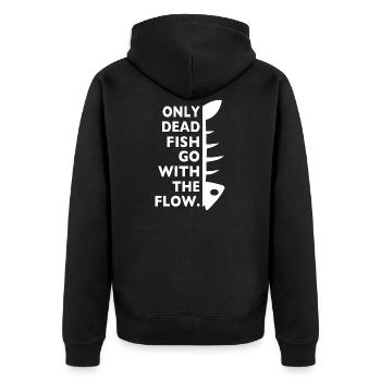 only dead fish go with the flow - Unisex Premium Bio Zip Hoodie - Schwarz - Hinten - Nico (187cm)