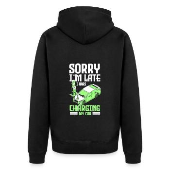 E-Auto Tesla Strom Klimaschutz - Unisex Premium Bio Zip Hoodie - Schwarz - Hinten - Nico (187cm)