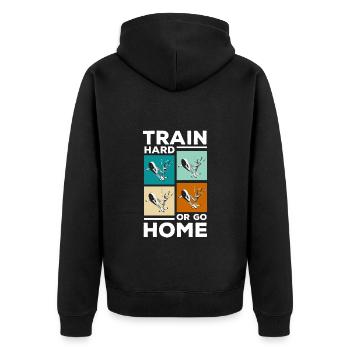 Crosstrainer Fitnessstudio - Unisex Premium Bio Zip Hoodie - Schwarz - Hinten - Nico (187cm)
