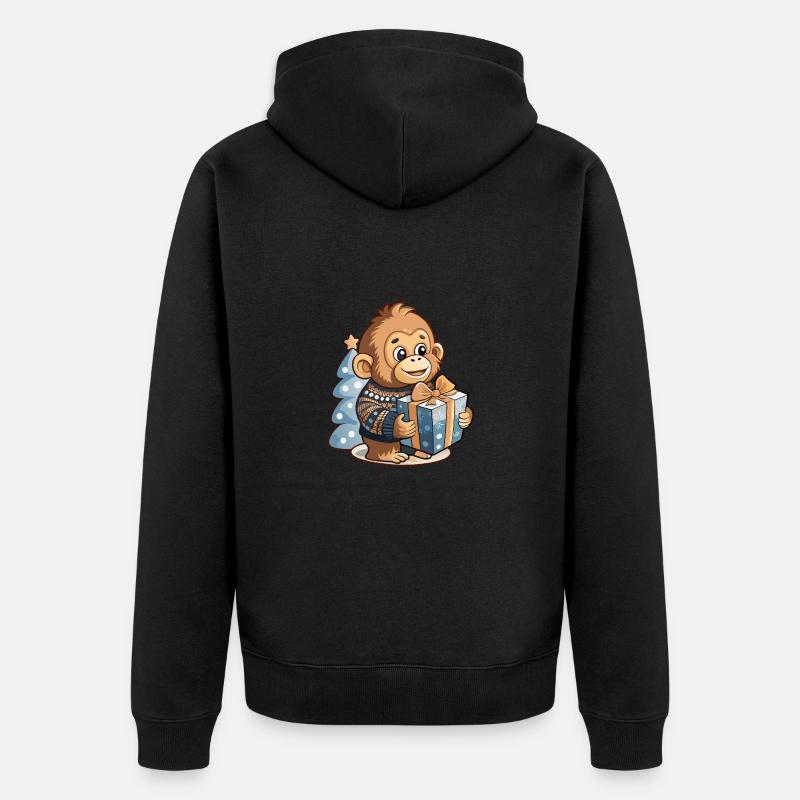 Mignon orang-outan déballant cadeau - Veste à capuche bio Premium Unisexe - noir