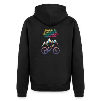 Lebendiges Mountainbike-Zitat-Design - Unisex Premium Bio Zip Hoodie - Schwarz - Hinten - Nico (187cm)