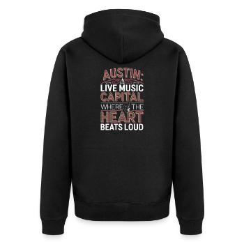 AUSTIN LIVE-MUSIK-HAUPTSTADT, WO DAS HERZ SCHLÄGT - Unisex Premium Bio Zip Hoodie - Schwarz - Hinten - Nico (187cm)