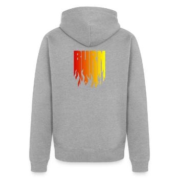BURN - die schwarze Flamme brennt - Unisex Premium Bio Zip Hoodie - Grau meliert - Hinten - Nico (187cm)