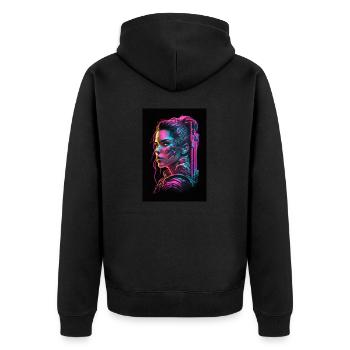 Futuristische Cyberpunk und Synthwave Femme Fatale - Unisex Premium Bio Zip Hoodie - Schwarz - Hinten - Nico (187cm)