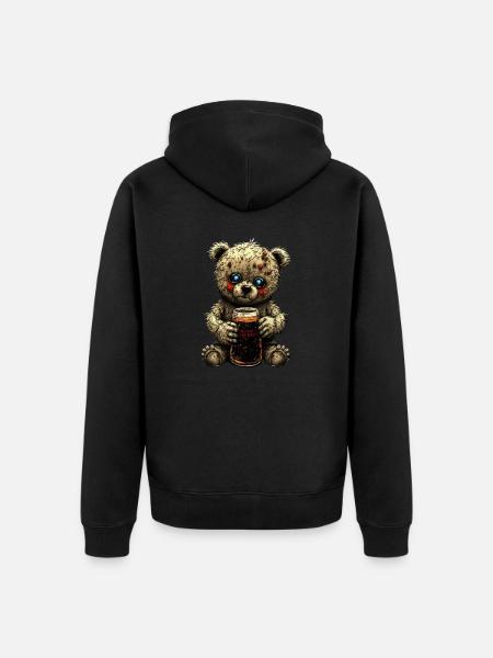 Guseliger Teddy mit Bier - Unisex Premium Bio Zip Hoodie - Schwarz