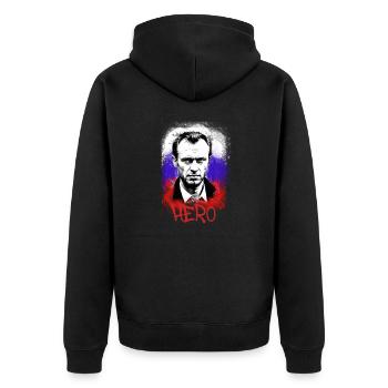 hero,nawalny,graffiti,flagge,russland - Unisex Premium Bio Zip Hoodie - Schwarz - Hinten - Nico (187cm)