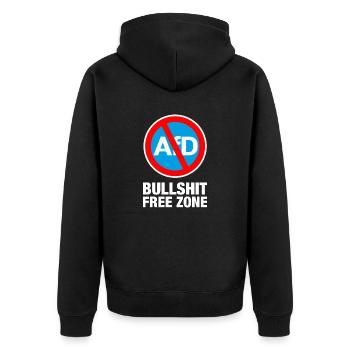 AFD BULLSHIT FREE ZONE - Unisex Premium Bio Zip Hoodie - Schwarz - Hinten - Nico (187cm)