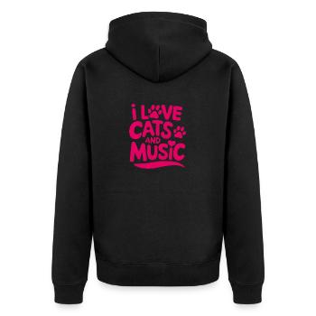 Ich liebe Katzen und Musik - Unisex Premium Bio Zip Hoodie - Schwarz - Hinten - Nico (187cm)