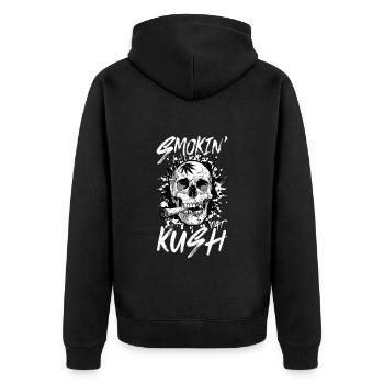 OG Kush Raucher Totenkopf Joint - Unisex Premium Bio Zip Hoodie - Schwarz - Hinten - Nico (187cm)