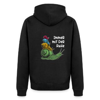 Immer mit der Ruhe mit Schnecken und Spruch - Unisex Premium Bio Zip Hoodie - Schwarz - Hinten - Nico (187cm)