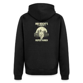 Ostalgie Schwalbe Simson Suhl - mir reichts - Unisex Premium Bio Zip Hoodie - Schwarz - Hinten - Nico (187cm)