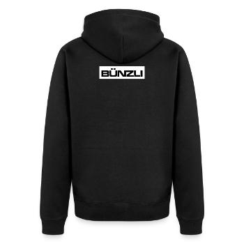 Bünzli Schweiz Schweizerdeutsch - Unisex Premium Bio Zip Hoodie - Schwarz - Hinten - Nico (187cm)