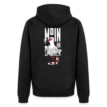 MOIN IHR SPACKEN - Unisex Premium Bio Zip Hoodie - Schwarz - Hinten - Nico (187cm)
