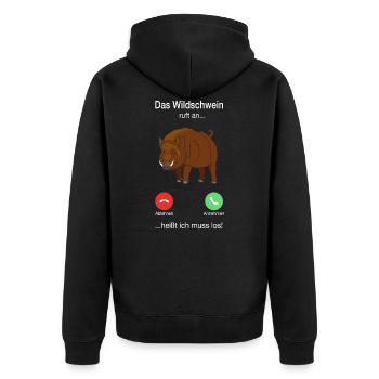 Wildschwein ruft an Wildsau Jäger Jagd Jagen Zucht - Unisex Premium Bio Zip Hoodie - Schwarz - Hinten - Nico (187cm)