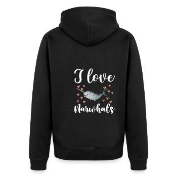 Ich Liebe Narwale - Unisex Premium Bio Zip Hoodie - Schwarz - Hinten - Nico (187cm)
