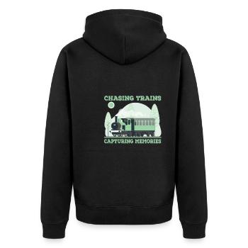 Auf Der Jagd Nach Zügen - Unisex Premium Bio Zip Hoodie - Schwarz - Hinten - Nico (187cm)