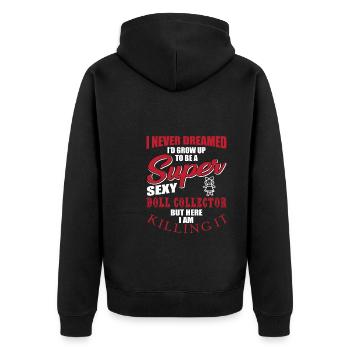 Lustiges Puppensammler Shirt - Unisex Premium Bio Zip Hoodie - Schwarz - Hinten - Nico (187cm)