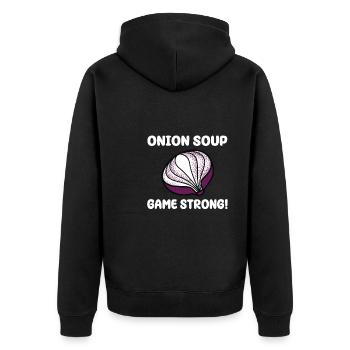 Zwiebelsuppen Game Strong - Unisex Premium Bio Zip Hoodie - Schwarz - Hinten - Nico (187cm)