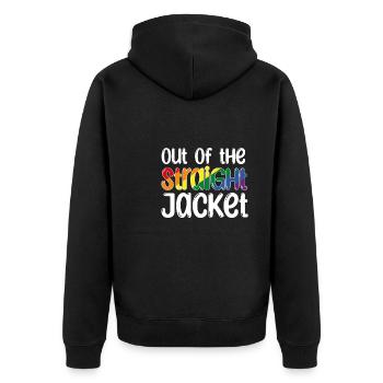 Outf Of The Straight Jacket – Outing Shirt - Unisex Premium Bio Zip Hoodie - Schwarz - Hinten - Nico (187cm)