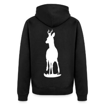 stolzer Rehbock (weiß) - Unisex Premium Bio Zip Hoodie - Schwarz - Hinten - Nico (187cm)