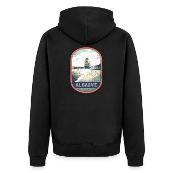Retro-Abzeichen, Algarve Portugal, Strand Sommersonne - Unisex Premium Bio Zip Hoodie - Schwarz - Hinten - Nico (187cm)