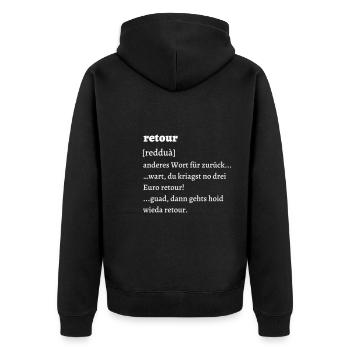 Retour Erklärung - bayrisch - Unisex Premium Bio Zip Hoodie - Schwarz - Hinten - Nico (187cm)