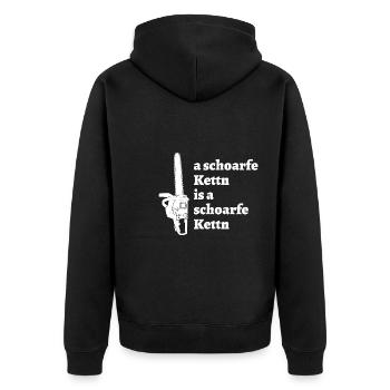 schoarfe Kettn - bayrischer Spruch - Unisex Premium Bio Zip Hoodie - Schwarz - Hinten - Nico (187cm)