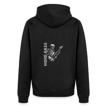 Skelett Skull mit Bassgitarre und Spruch Mehr Bass - Unisex Premium Bio Zip Hoodie - Schwarz - Hinten - Nico (187cm)