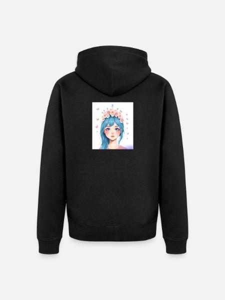 Blauhaar Mädchen mit Blumenkranz - Unisex Premium Bio Zip Hoodie - Schwarz