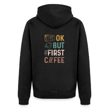 Ok mais premier café, drôle de rétro - Veste à capuche bio Premium Unisexe - noir - Dos - Nico (187cm)