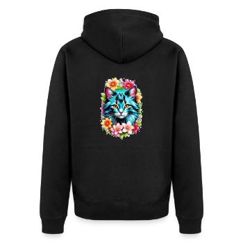 Katze und Blume Aquarell - Unisex Premium Bio Zip Hoodie - Schwarz - Hinten - Nico (187cm)
