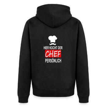 HIER KOCHT DER CHEF PERSÖNLICH - Unisex Premium Bio Zip Hoodie - Schwarz - Hinten - Nico (187cm)