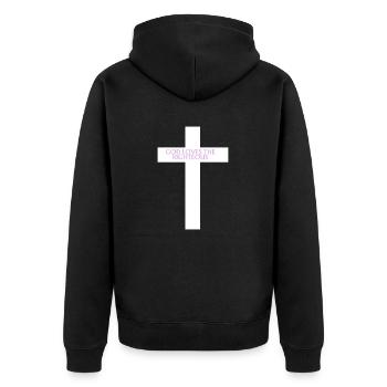 Gott liebt den Gerechten - T-Shirt mit Kreuz Motiv - Unisex Premium Bio Zip Hoodie - Schwarz - Hinten - Nico (187cm)